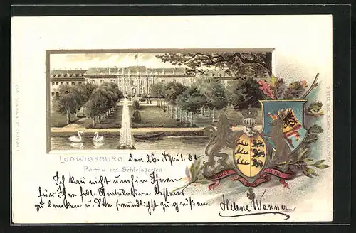 Passepartout-Lithographie Ludwigsburg, Partie im Schlossgarten, Wappen
