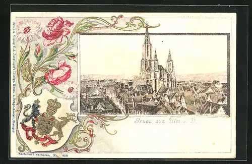 Passepartout-Lithographie Ulm a. D., Ortspartie mit Münster, Wappen