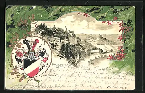 Passepartout-Lithographie Rudelsburg, Flusspartie mit Burg, Wappen
