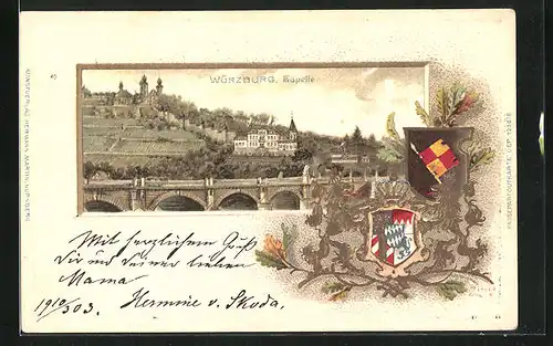 Passepartout-Lithographie Würzburg, Viadukt mit Käpelle, Wappen