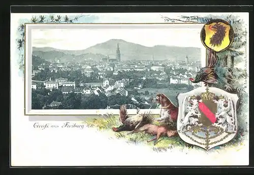 Passepartout-Lithographie Freiburg i. B., Totalansicht mit Münster, Wappen