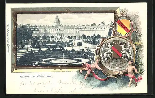 Passepartout-Lithographie Karlsruhe, Schloss mit Park, Wappen