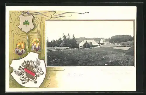 Passepartout-Lithographie Furtwangen, Blick auf Martinskapelle, Wappen