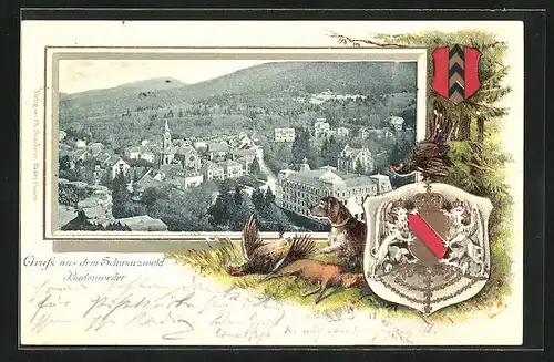 Passepartout-Lithographie Badenweiler, Totalansicht aus der Vogelschau, Wappen