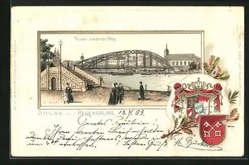Passepartout-Lithographie Regensburg, Neuer eiserner Steg, Wappen