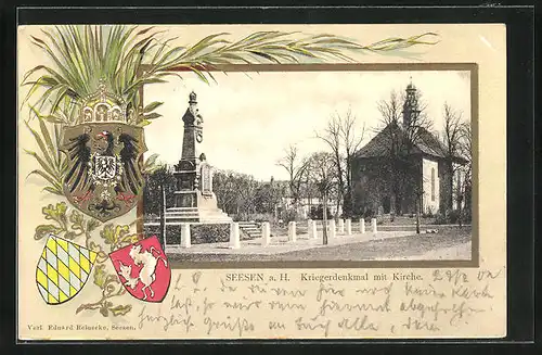 Passepartout-Lithographie Seesen a. H., Kriegerdenkmal mit Kirche, Wappen