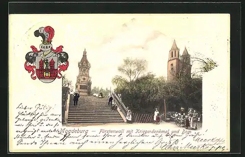 Passepartout-Lithographie Magdeburg, Fürstenwall mit Kriegerdenkmal und Dom, Wappen