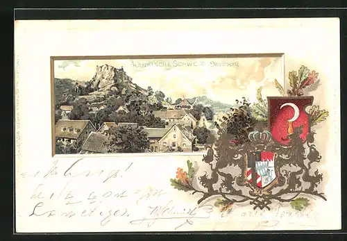 Passepartout-Lithographie Streitberg, Totalansicht mit Bergmassiv, Wappen