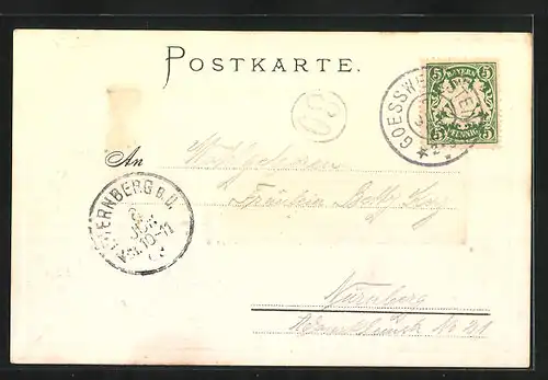 Passepartout-Lithographie Streitberg, Totalansicht mit Bergmassiv, Wappen