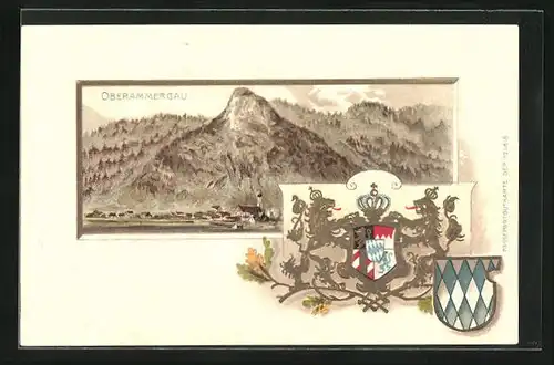 Passepartout-Lithographie Oberammergau, Totalansicht mit Gebirge, Wappen