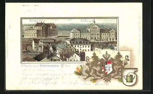 Passepartout-Lithographie Wörishofen, Ortspartie mit Kneippianum und Kinderasyl, Wappen