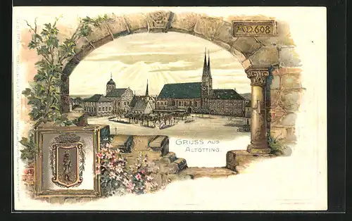 Passepartout-Lithographie Altötting, Ortspartie mit Kirche, Wappen