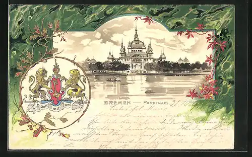 Passepartout-Lithographie Bremen, Uferpartie mit Parkhaus, Wappen