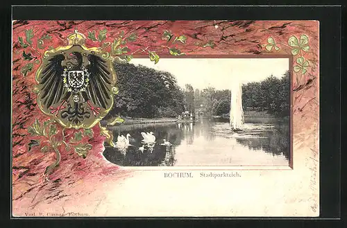 Passepartout-Lithographie Bochum, Stadtparkteich mit Fontäne, Wappen