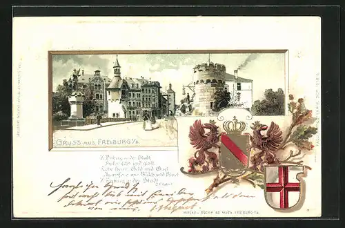 Passepartout-Lithographie Freiburg i. B., Strassenpartie mit Turm, Wappen