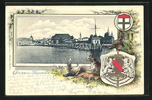 Passepartout-Lithographie Konstanz, Uferpartie mit Bootsanleger, Wappen