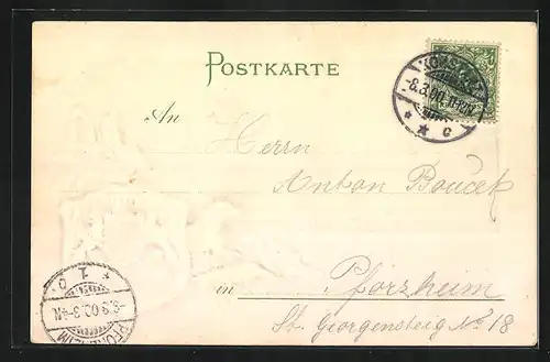 Passepartout-Lithographie Konstanz, Uferpartie mit Bootsanleger, Wappen