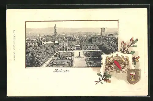 Passepartout-Lithographie Karlsruhe, Schlosspark aus der Vogelschau, Wappen