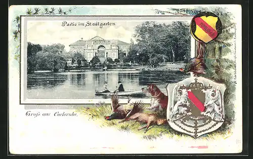 Passepartout-Lithographie Karlsruhe, Partie im Stadtgarten, Wappen