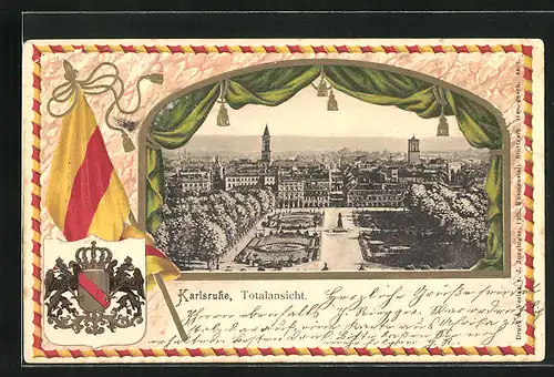 Passepartout-Lithographie Karlsruhe, Totalansicht mit Park, Wappen