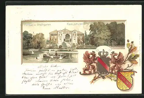 Passepartout-Lithographie Karlsruhe, Partie im Stadtgarten, Wappen