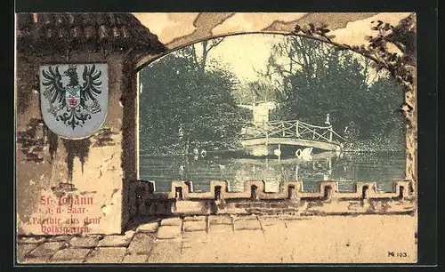 Passepartout-Lithographie St. Johann a. d. Saar, Partie aus dem Volksgarten, Wappen