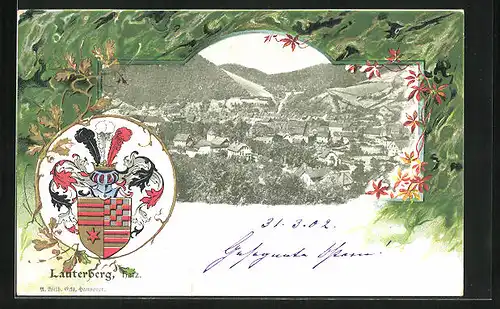 Passepartout-Lithographie Lauterberg, Ortsansicht aus der Vogelschau, Wappen
