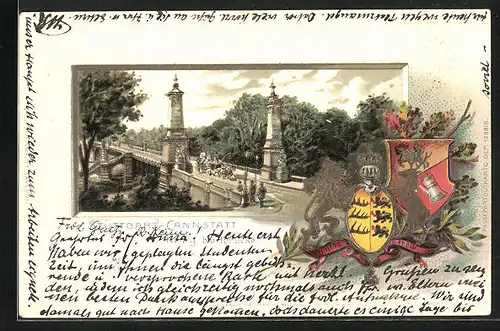Passepartout-Lithographie Stuttgart-Cannstatt, König-Karlbrücke, Wappen