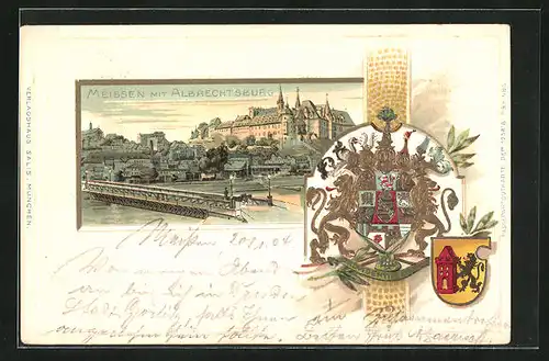 Passepartout-Lithographie Meissen, Ortsansicht mit Albrechtsburg, Wappen