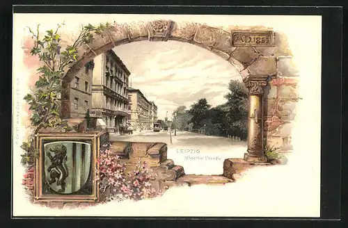 Passepartout-Lithographie Leipzig, Goethe Strasse, Wappen