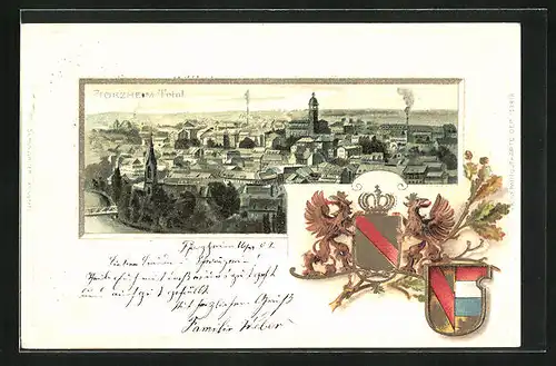 Passepartout-Lithographie Pforzheim, Totalansicht mit Turm, Wappen