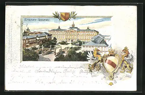 Passepartout-Lithographie Rastatt, Schloss aus der Vogelschau, Wappen