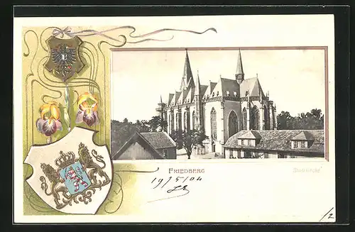 Passepartout-Lithographie Friedberg, Stadtkirche, Wappen