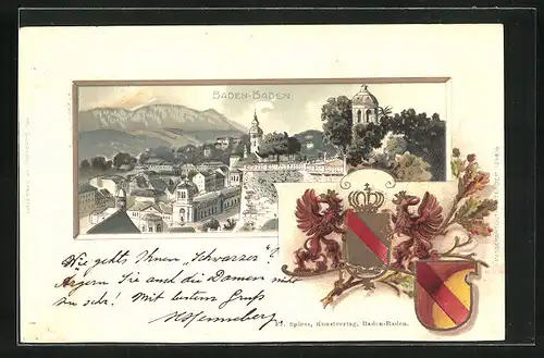 Passepartout-Lithographie Baden-Baden, Totalansicht mit Denkmal, Wappen