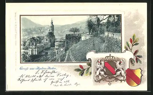 Passepartout-Lithographie Baden-Baden, Kirche oberhalb der Stadt, Wappen