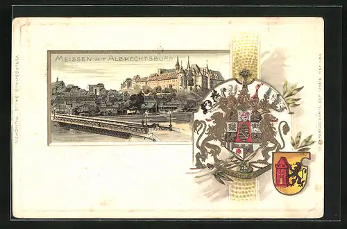 Passepartout-Lithographie Meissen, Ortspartie mit Albrechtsburg, Wappen
