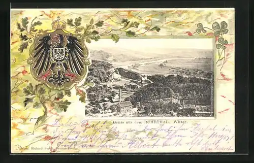 Passepartout-Lithographie Witten /Ruhrtal, Totalansicht aus der Vogelschau, Wappen