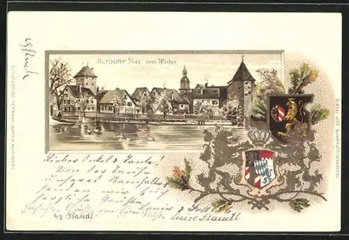 Passepartout-Lithographie Altdorf b. Nürnberg, Ortsansicht vom Weiher, Wappen