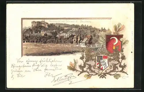 Passepartout-Lithographie Streitberg, Panorama mit Felsformation, Wappen