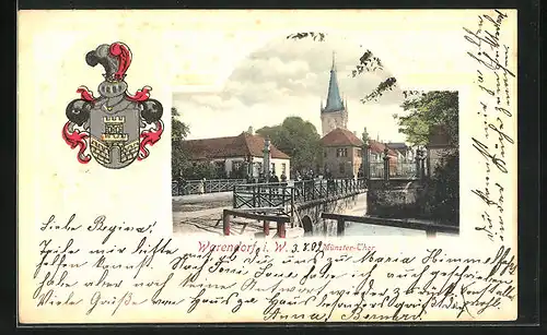 Passepartout-Lithographie Warendorf i. W., Münster-Thor, Brücke und Kirchturm, Wappen