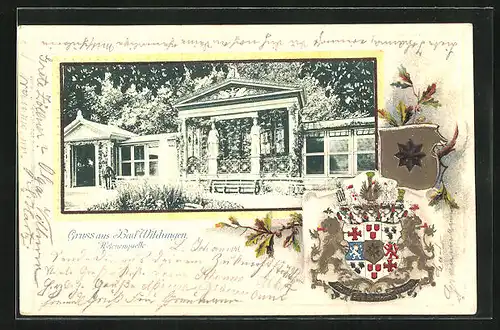 Passepartout-Lithographie Bad Wildungen, Helenenquelle im Sonnenschein, Wappen
