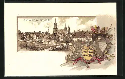 Passepartout-Lithographie Ulm, Teilansicht mit Donaubrücke, Wappen
