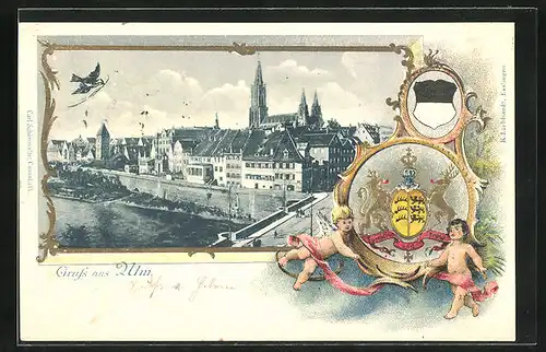 Passepartout-Lithographie Ulm, An der Donau, Ulmer Spatz, Wappen
