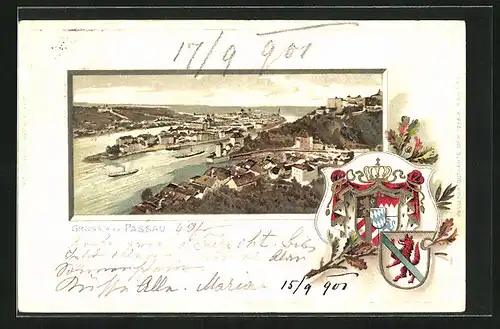 Passepartout-Lithographie Passau, Panoramablick auf die Stadt, Wappen