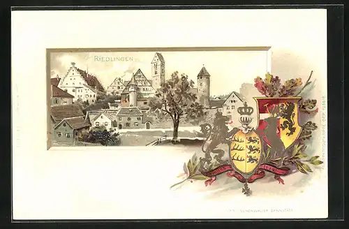 Passepartout-Lithographie Riedlingen, Teilansicht der Ortschaft, Wappen