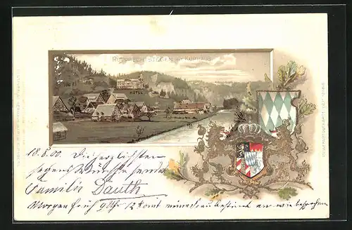 Passepartout-Lithographie Rupprechtstegen, Teilansicht mit Hotel Kurhaus, Wappen