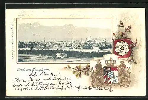 Passepartout-Lithographie Rosenheim, Fernblick auf den Ort, Wappen