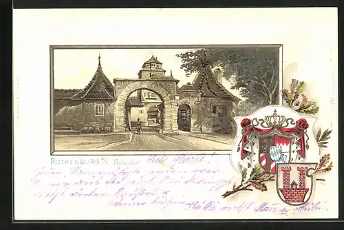 Passepartout-Lithographie Rothenburg o. T., Strassenpartie am Röder, Wappen