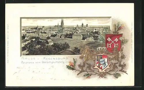 Passepartout-Lithographie Regensburg, Panorama vom Dreifaltigkeitsberg aus, Wappen