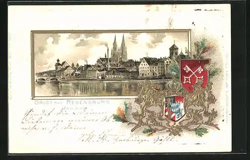 Passepartout-Lithographie Regensburg, Blick von der Donau auf die Stadt